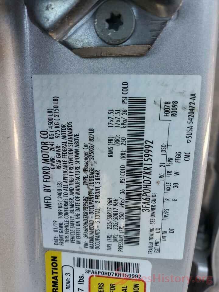 3FA6P0HD7KR159992 2019 FORD FUSION