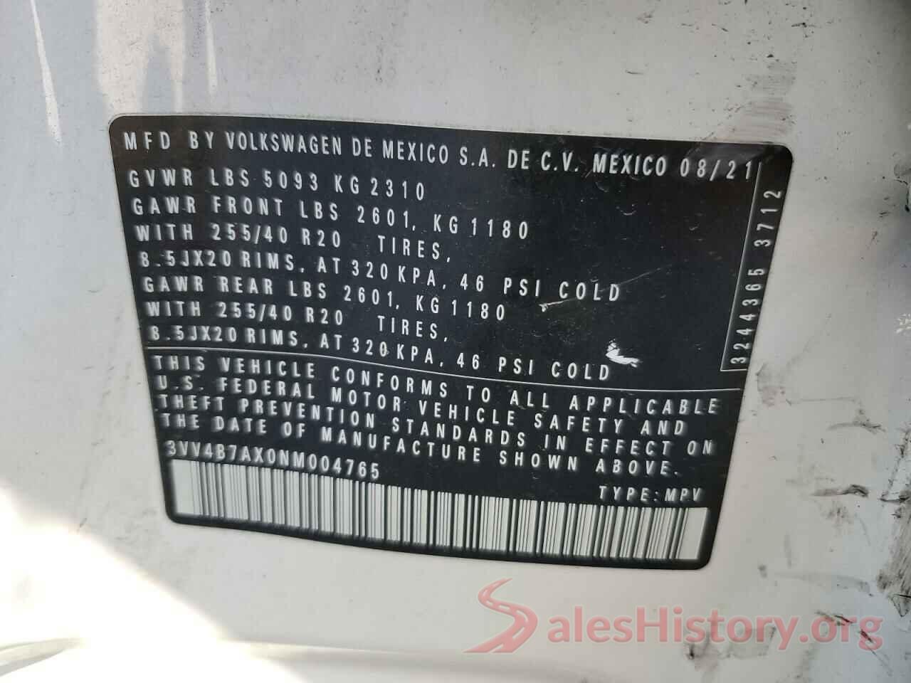 3VV4B7AX0NM004765 2022 VOLKSWAGEN TIGUAN