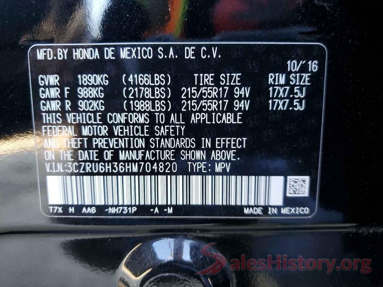 3CZRU6H36HM704820 2017 HONDA HR-V