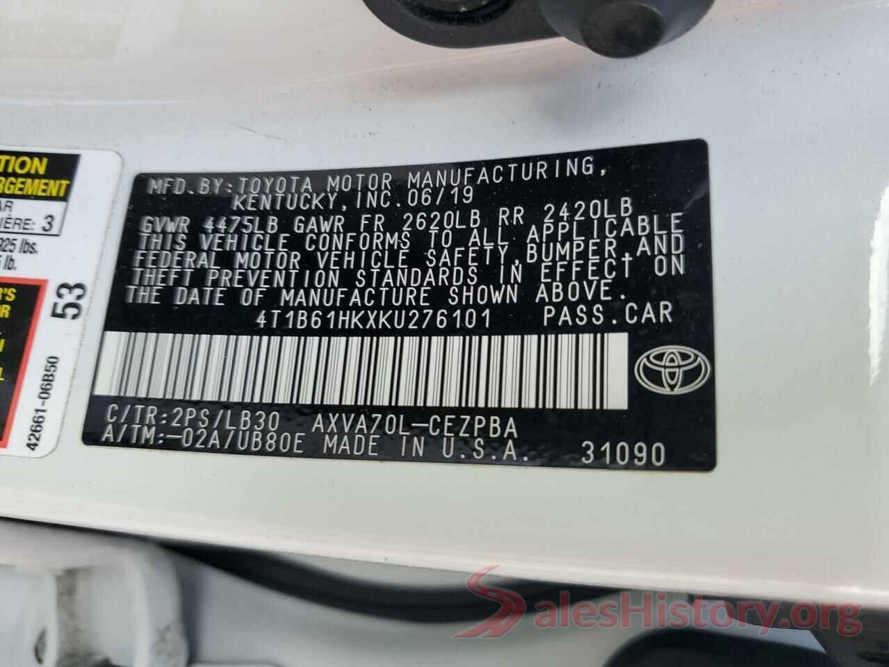 4T1B61HKXKU276101 2019 TOYOTA CAMRY