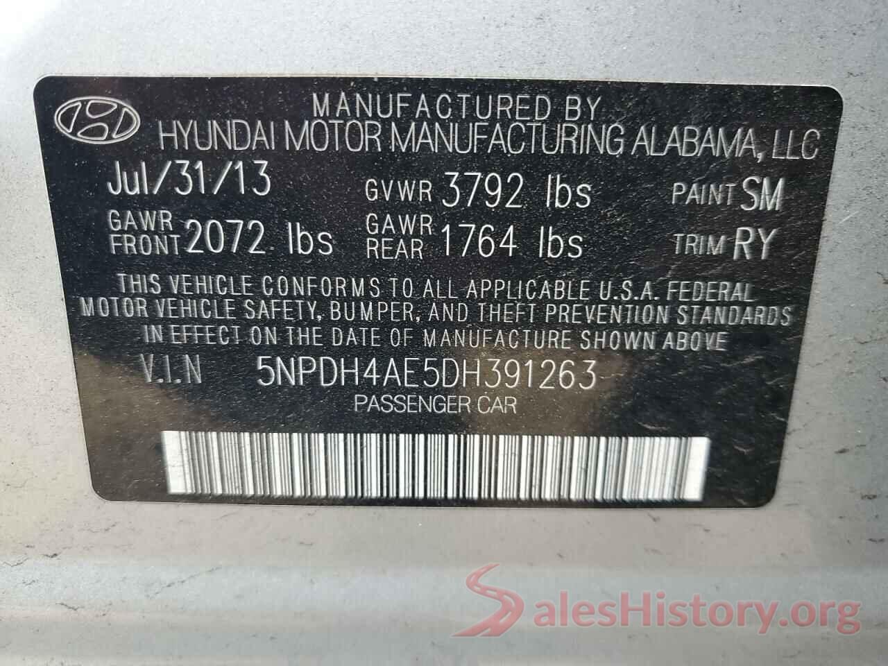 5NPDH4AE5DH391263 2013 HYUNDAI ELANTRA