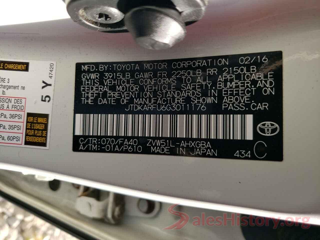 JTDKARFU6G3011176 2016 TOYOTA PRIUS