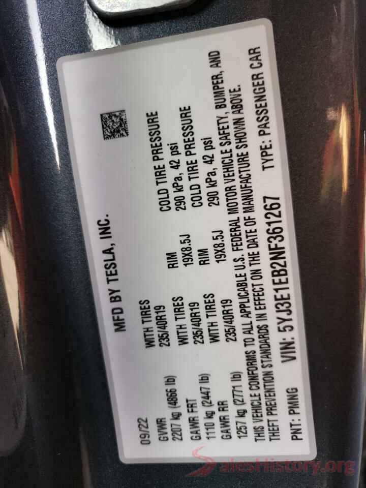 5YJ3E1EB2NF361267 2022 TESLA MODEL 3