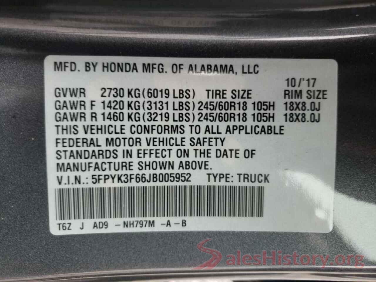 5FPYK3F66JB005952 2018 HONDA RIDGELINE