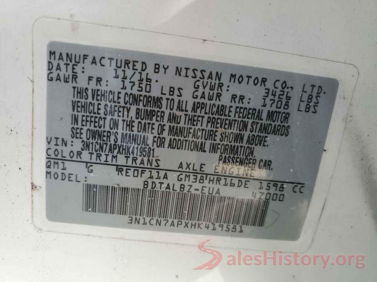 3N1CN7APXHK419581 2017 NISSAN VERSA