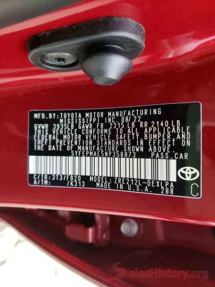 5YFEPMAE5NP358873 2022 TOYOTA COROLLA