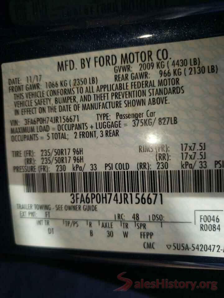 3FA6P0H74JR156671 2018 FORD FUSION