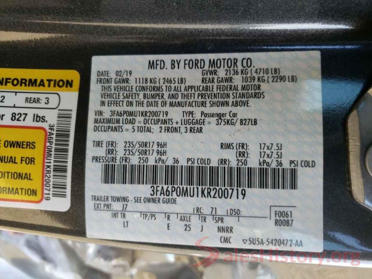 3FA6P0MU1KR200719 2019 FORD FUSION