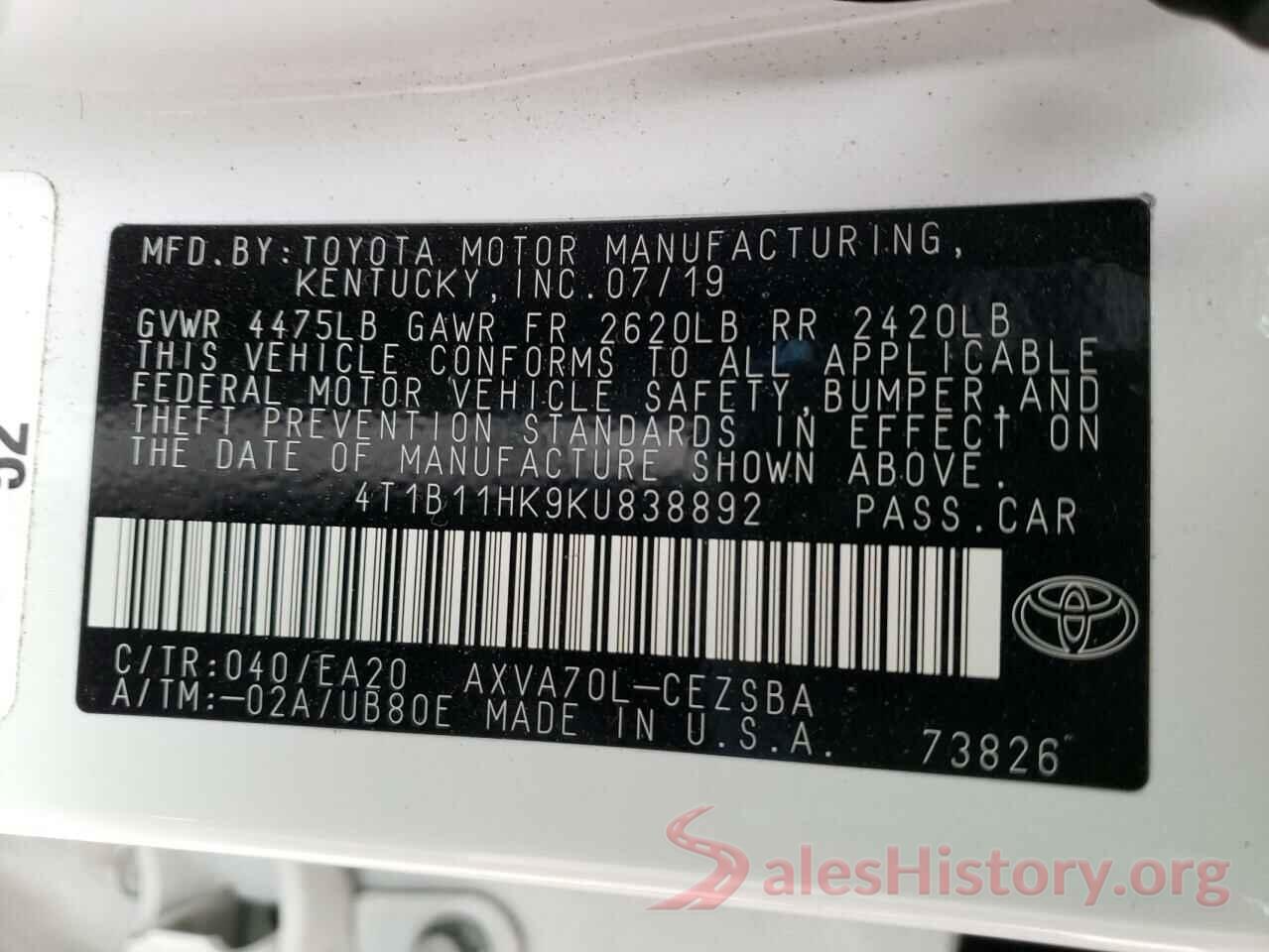 4T1B11HK9KU838892 2019 TOYOTA CAMRY