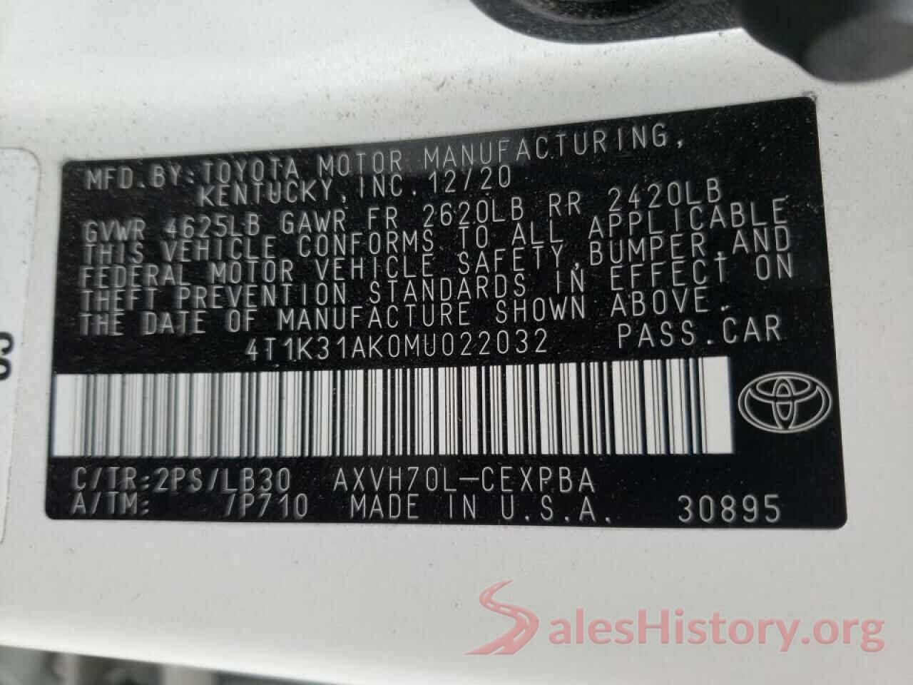 4T1K31AK0MU022032 2021 TOYOTA CAMRY