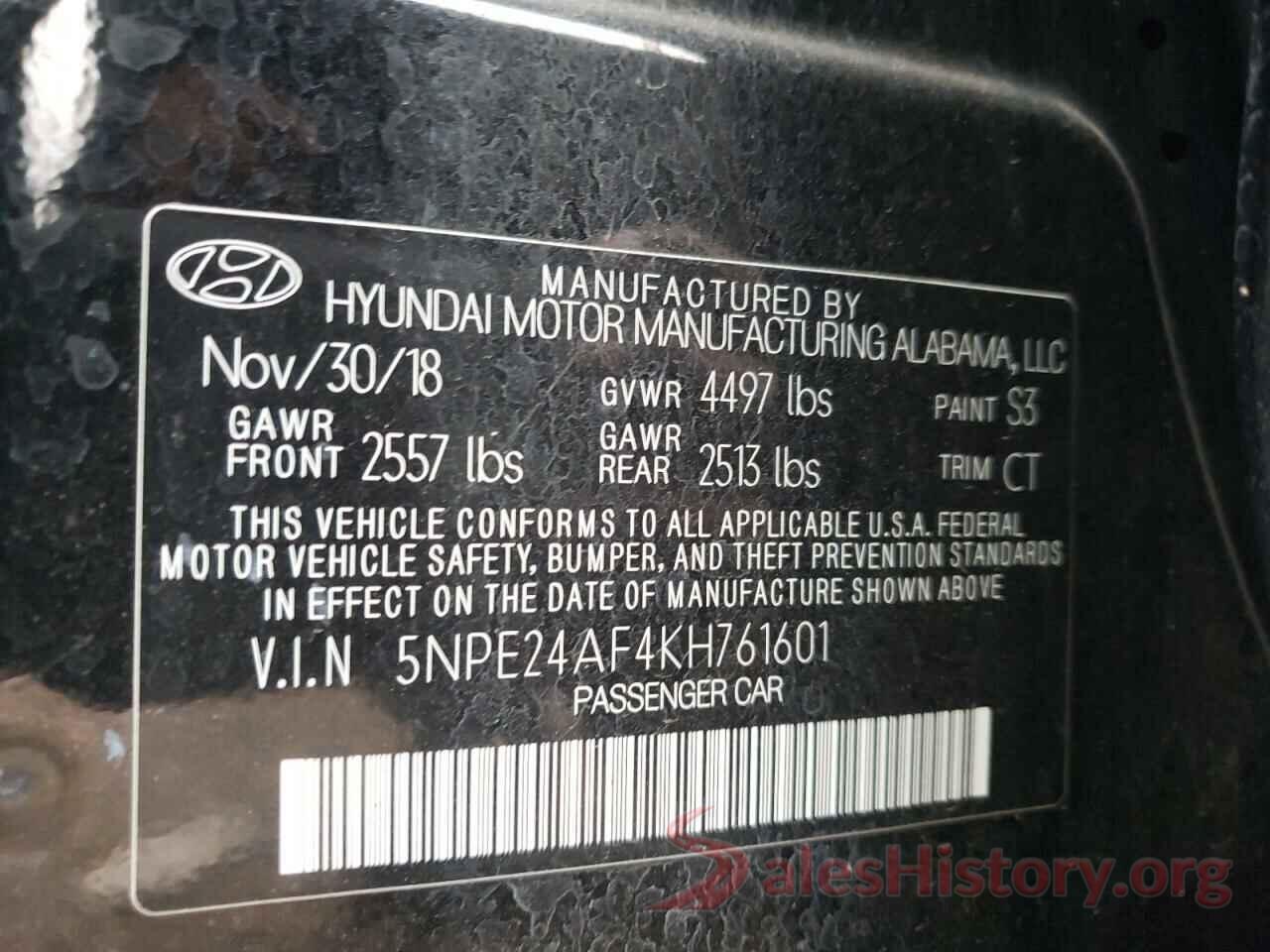 5NPE24AF4KH761601 2019 HYUNDAI SONATA