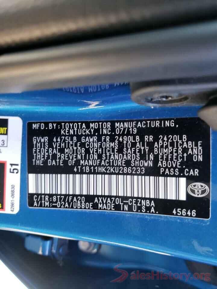 4T1B11HK2KU286233 2019 TOYOTA CAMRY