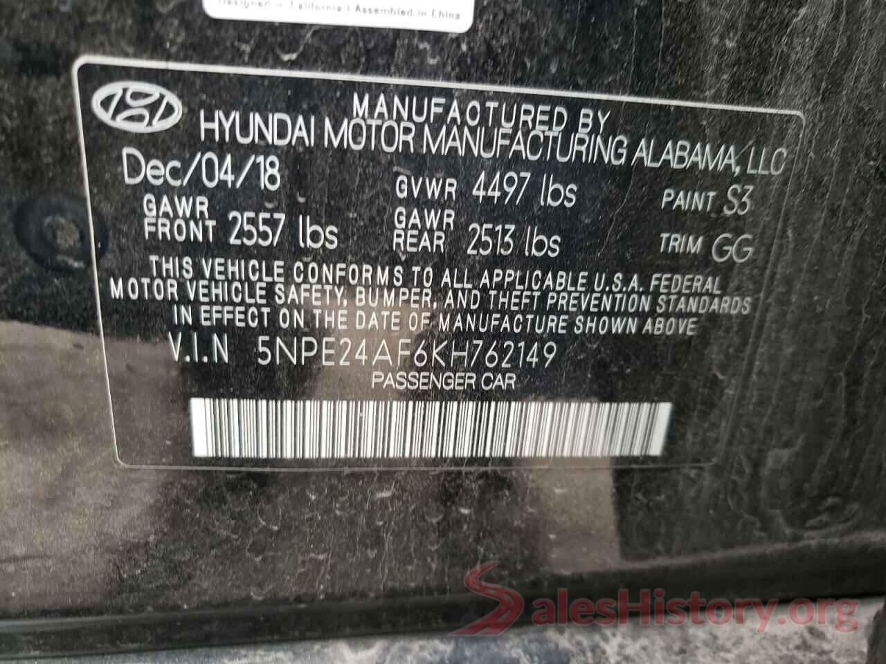 5NPE24AF6KH762149 2019 HYUNDAI SONATA