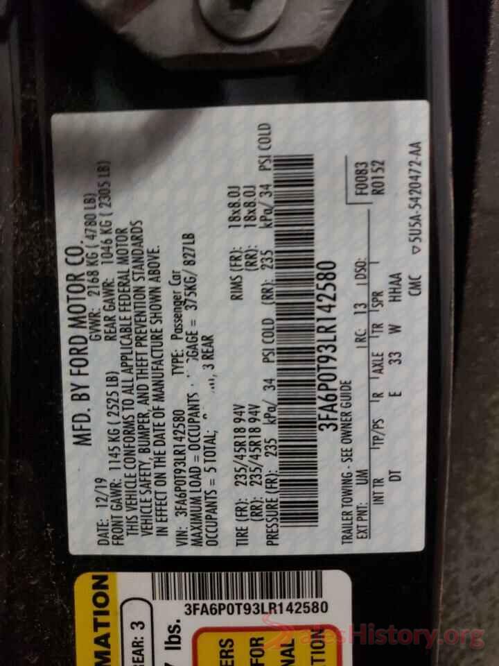 3FA6P0T93LR142580 2020 FORD FUSION