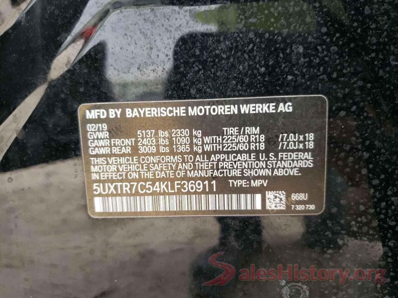 5UXTR7C54KLF36911 2019 BMW X3