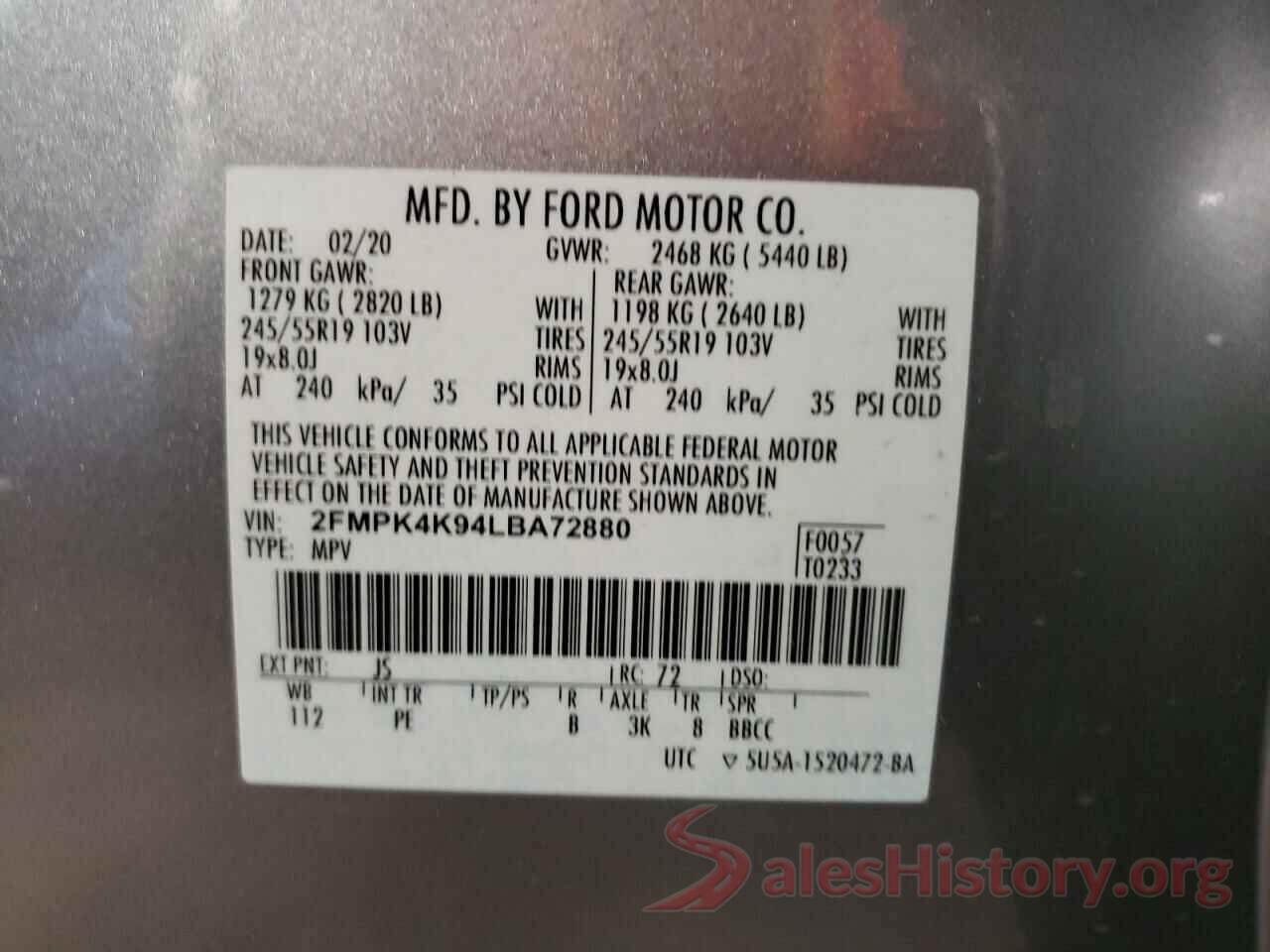 2FMPK4K94LBA72880 2020 FORD EDGE