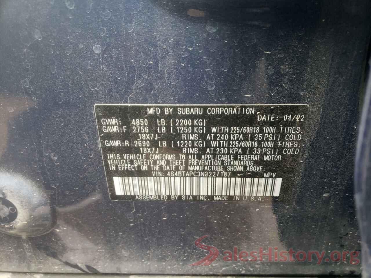 4S4BTAPC3N3227187 2022 SUBARU OUTBACK