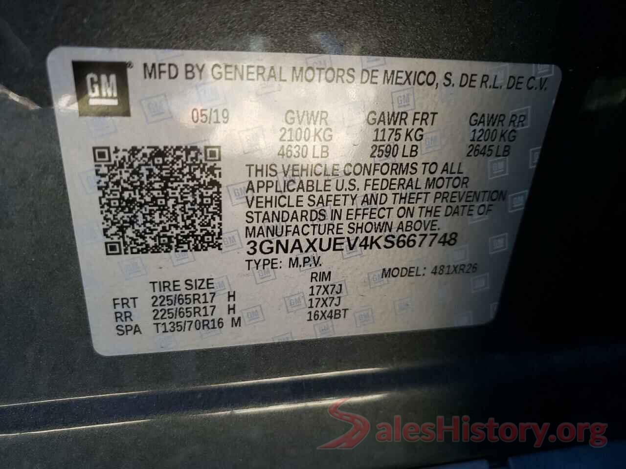 3GNAXUEV4KS667748 2019 CHEVROLET EQUINOX