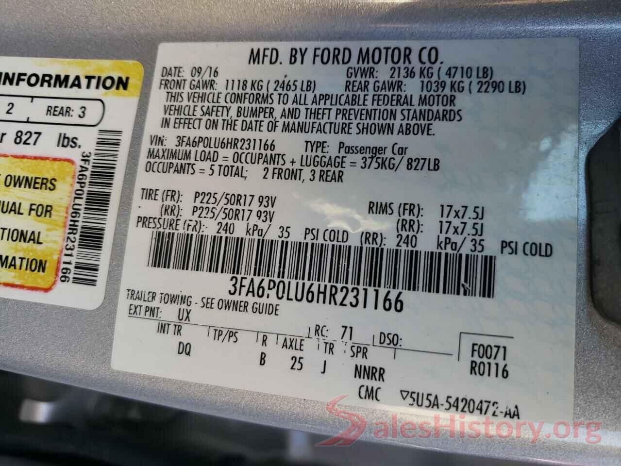 3FA6P0LU6HR231166 2017 FORD FUSION