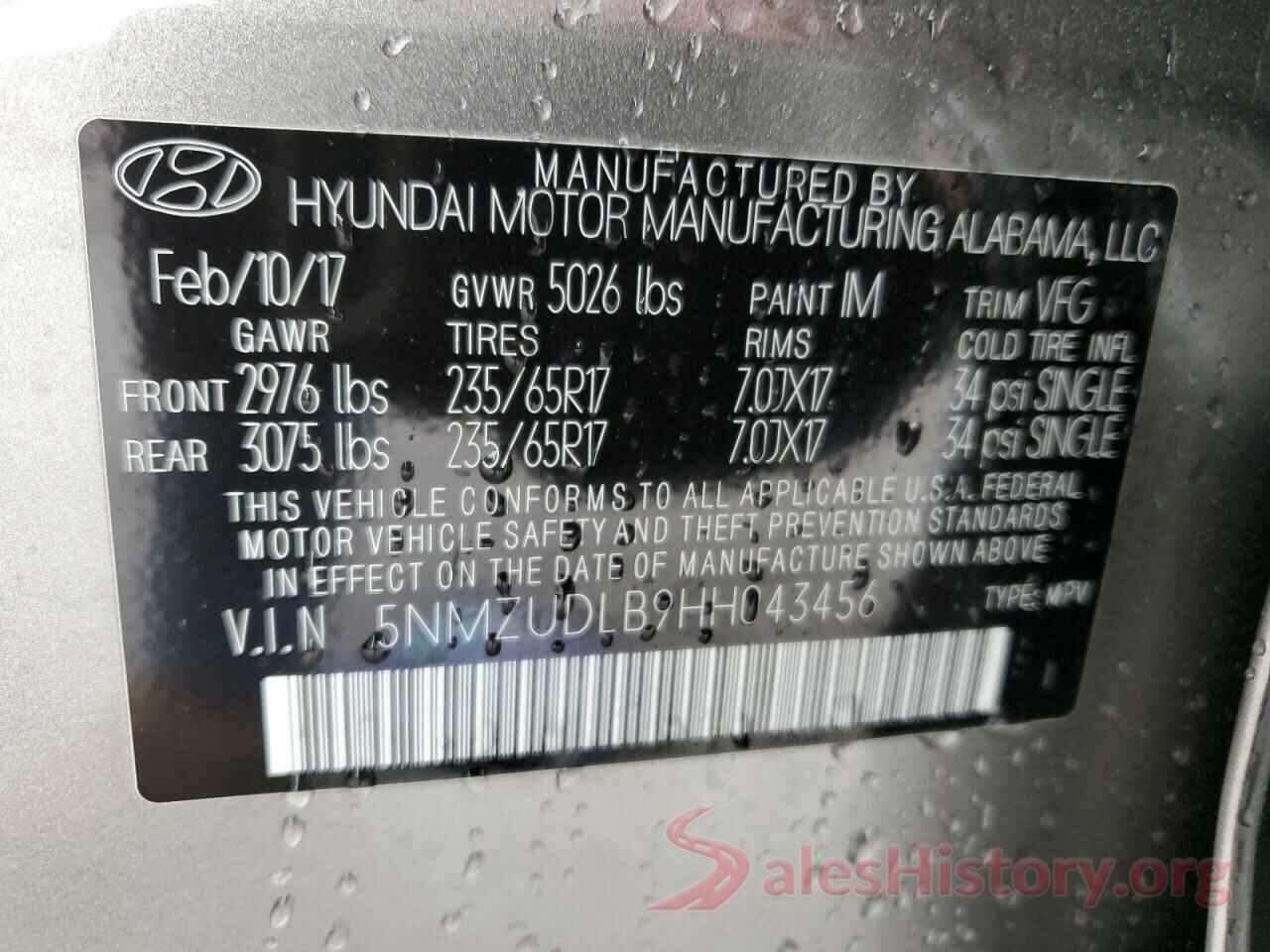 5NMZUDLB9HH043456 2017 HYUNDAI SANTA FE