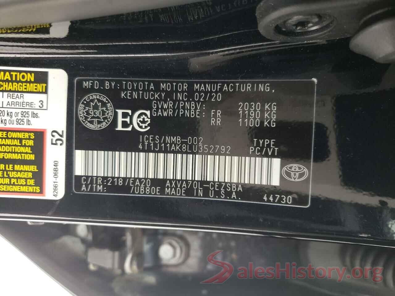 4T1J11AK8LU352792 2020 TOYOTA CAMRY