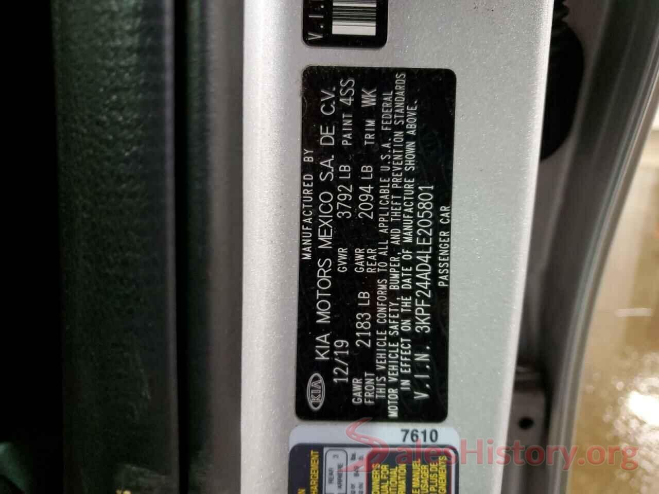 3KPF24AD4LE205801 2020 KIA FORTE