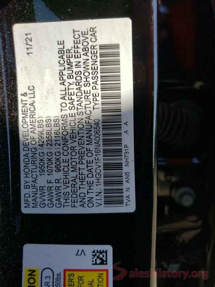 1HGCV1F16NA006540 2022 HONDA ACCORD