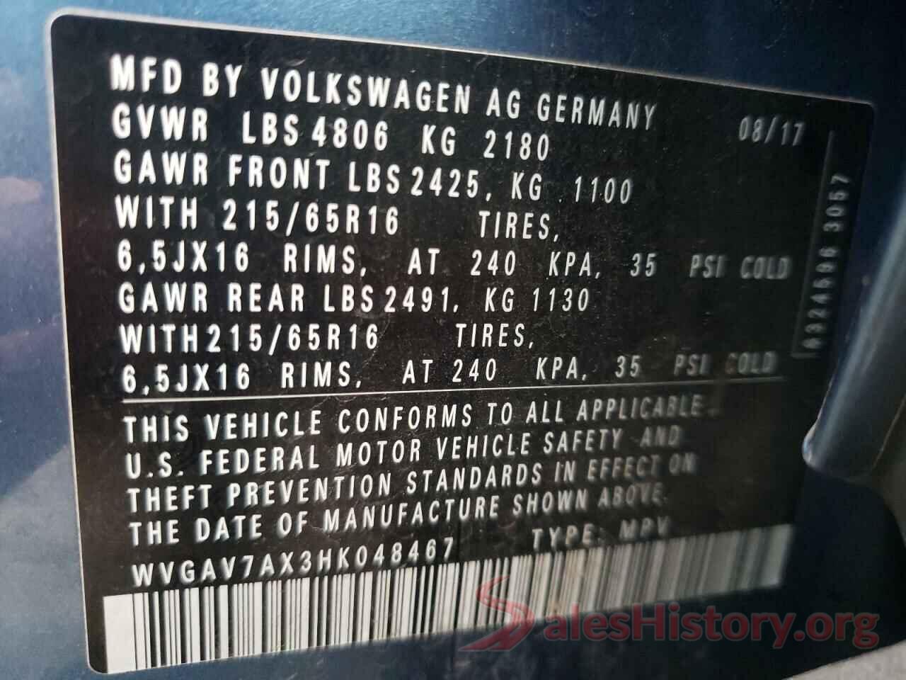 WVGAV7AX3HK048467 2017 VOLKSWAGEN TIGUAN