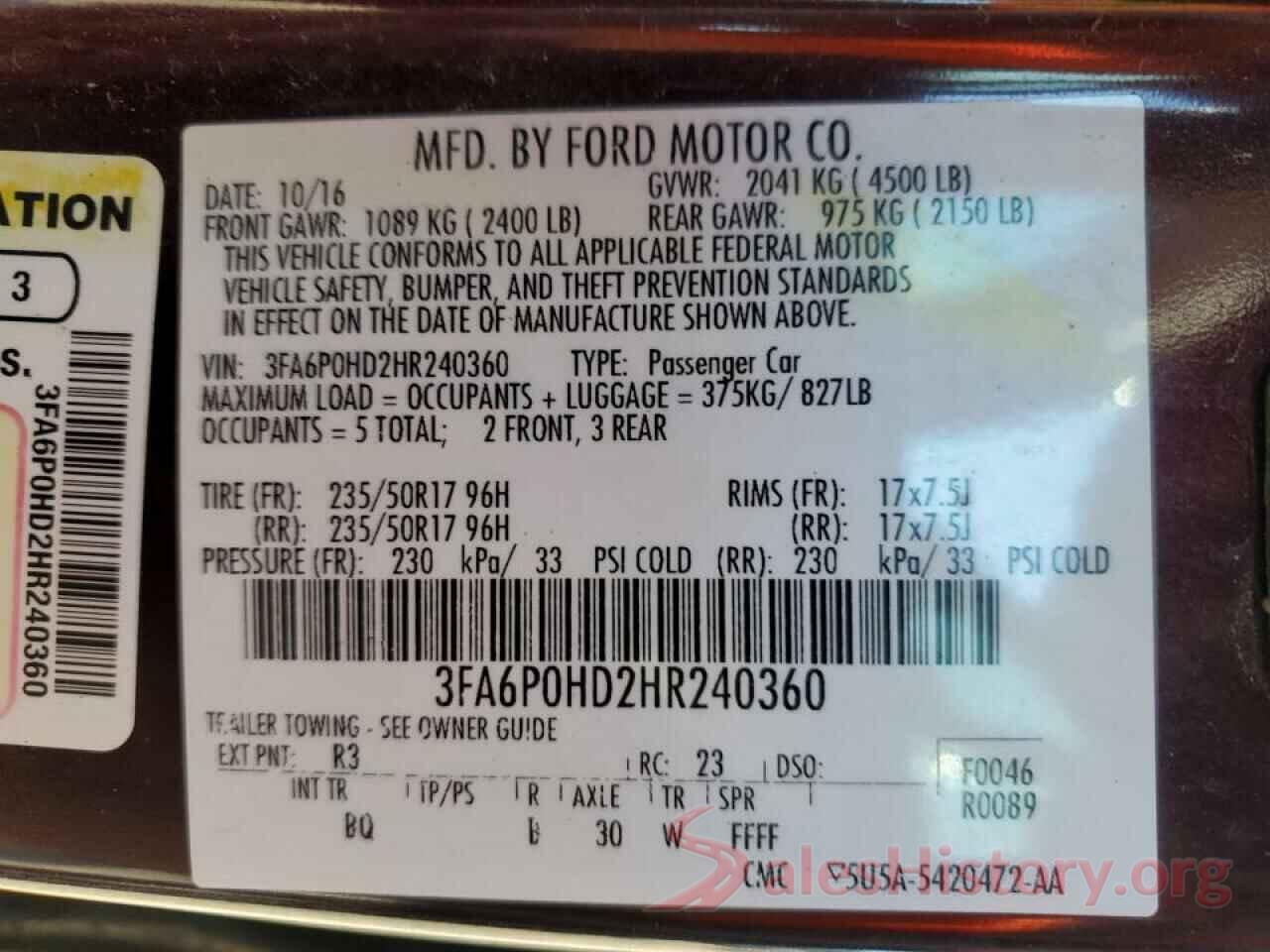 3FA6P0HD2HR240360 2017 FORD FUSION