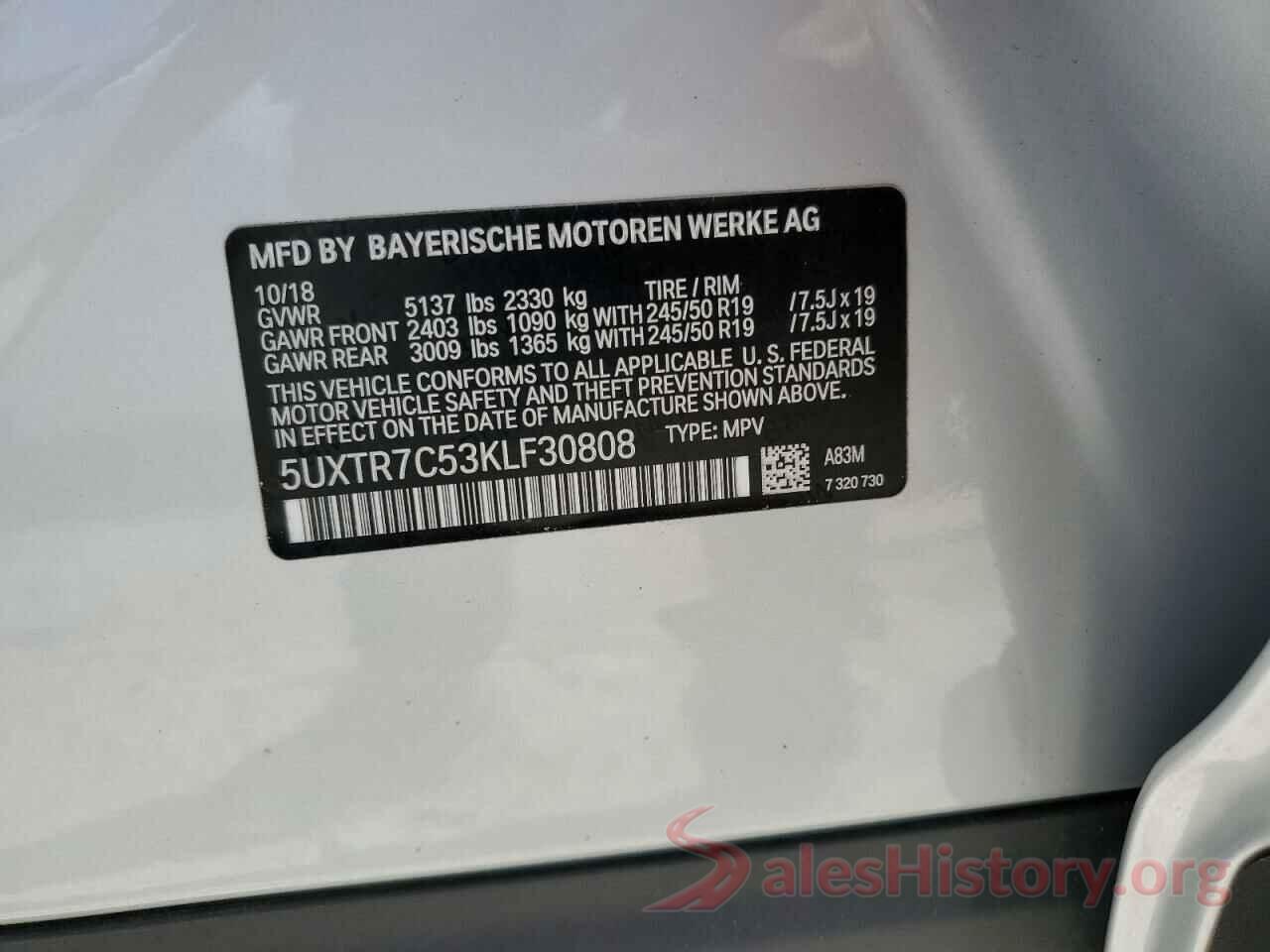 5UXTR7C53KLF30808 2019 BMW X3