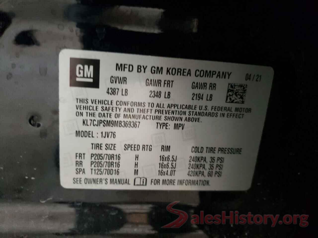 KL7CJPSM9MB369367 2021 CHEVROLET TRAX