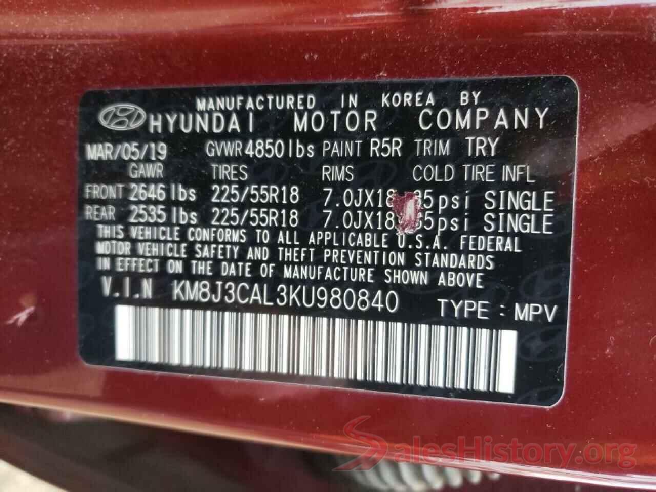 KM8J3CAL3KU980840 2019 HYUNDAI TUCSON