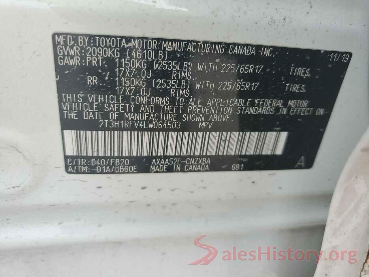 2T3H1RFV4LW064503 2020 TOYOTA RAV4