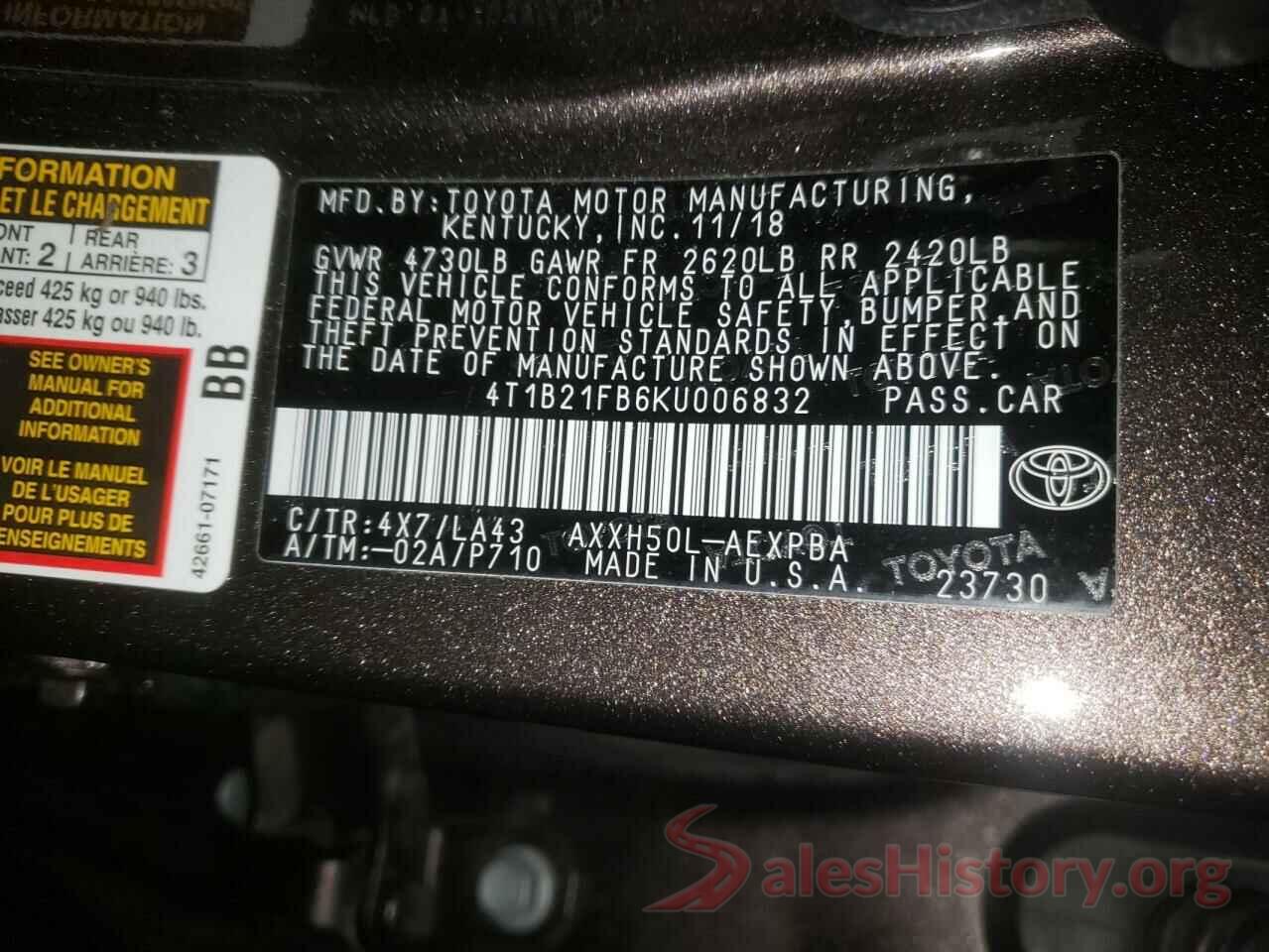 4T1B21FB6KU006832 2019 TOYOTA AVALON