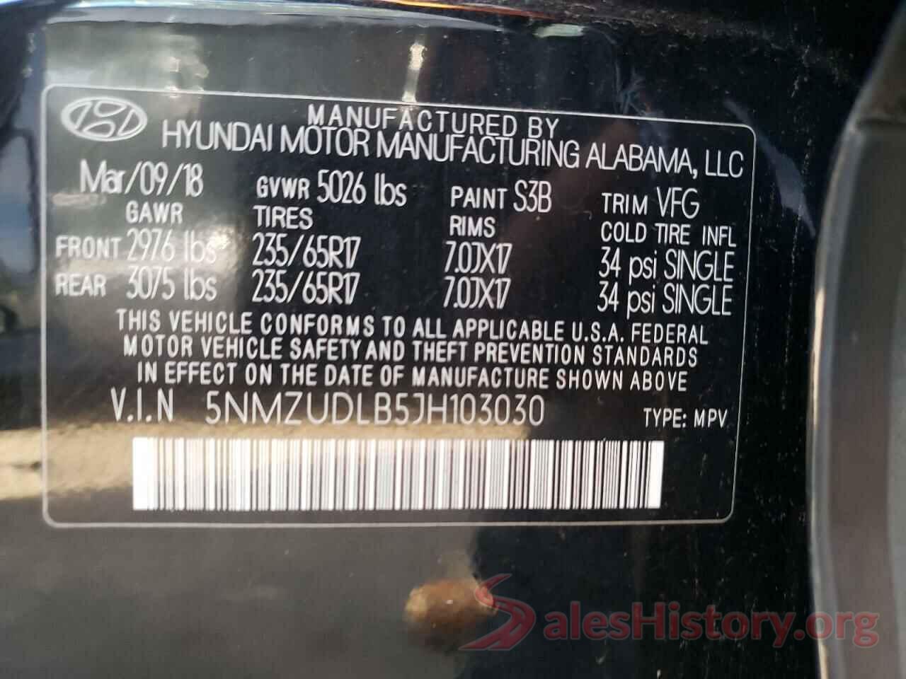 5NMZUDLB5JH103030 2018 HYUNDAI SANTA FE