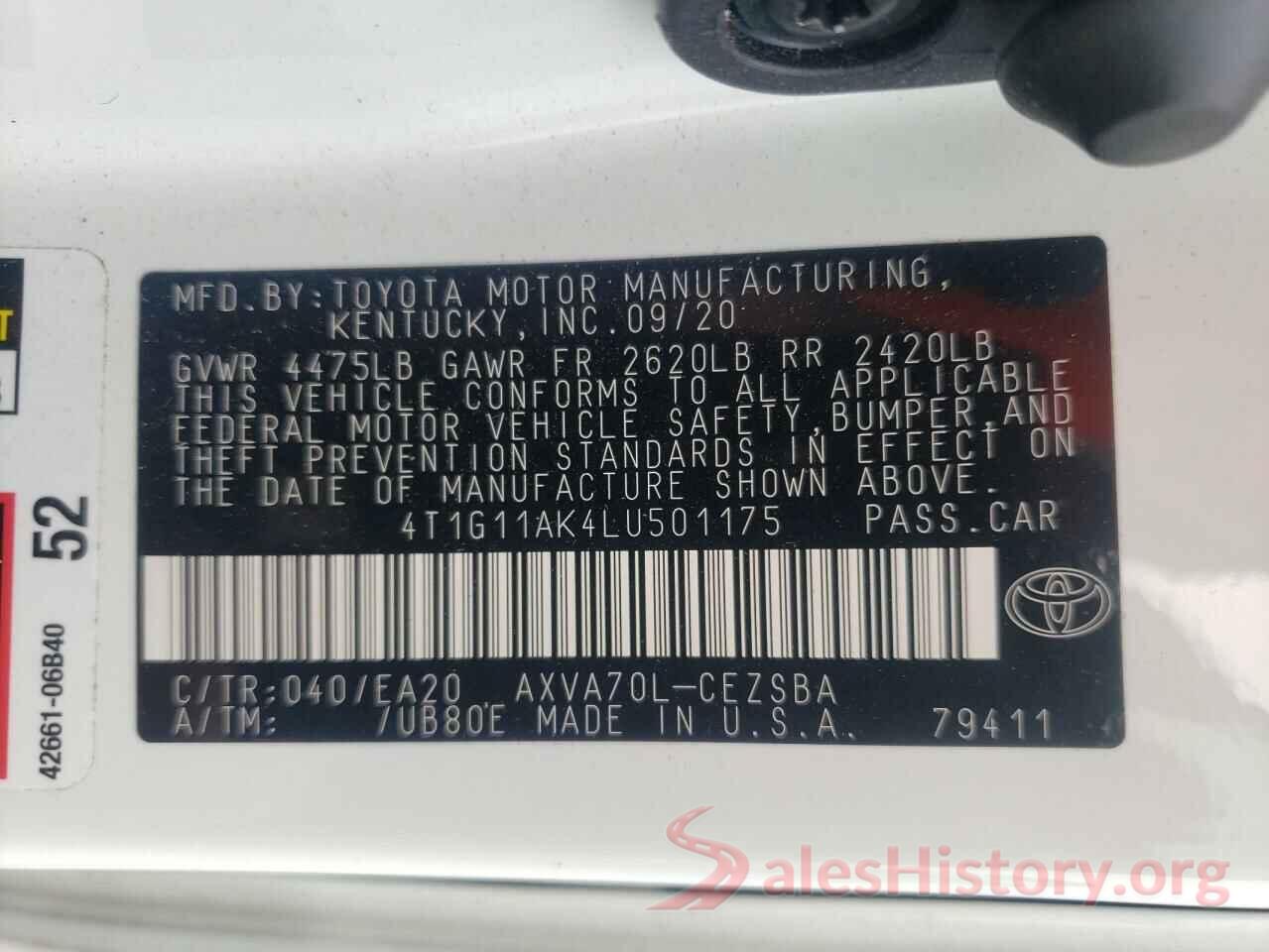 4T1G11AK4LU501175 2020 TOYOTA CAMRY