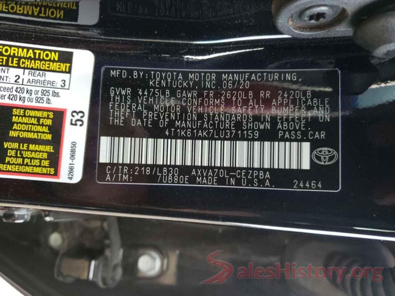 4T1K61AK7LU371159 2020 TOYOTA CAMRY