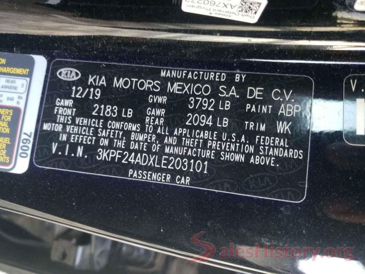 3KPF24ADXLE203101 2020 KIA FORTE