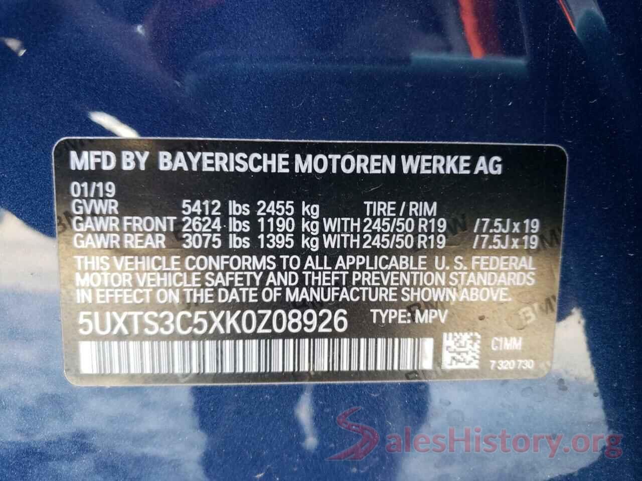 5UXTS3C5XK0Z08926 2019 BMW X3