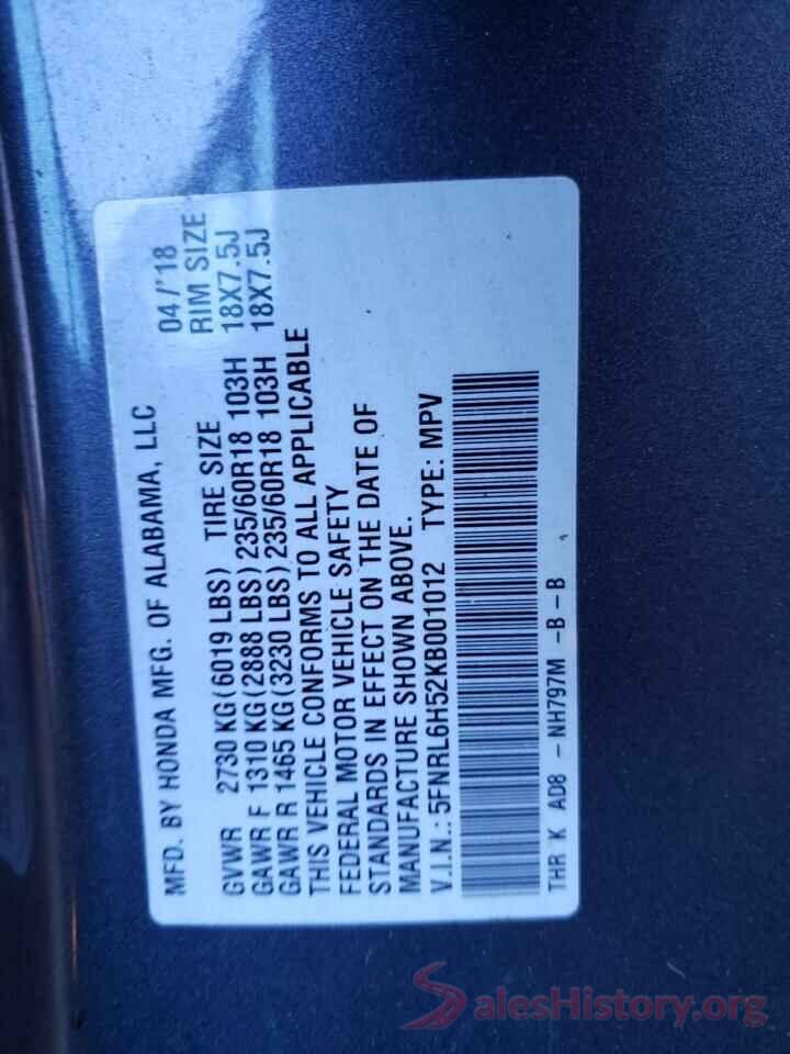 5FNRL6H52KB001012 2019 HONDA ODYSSEY