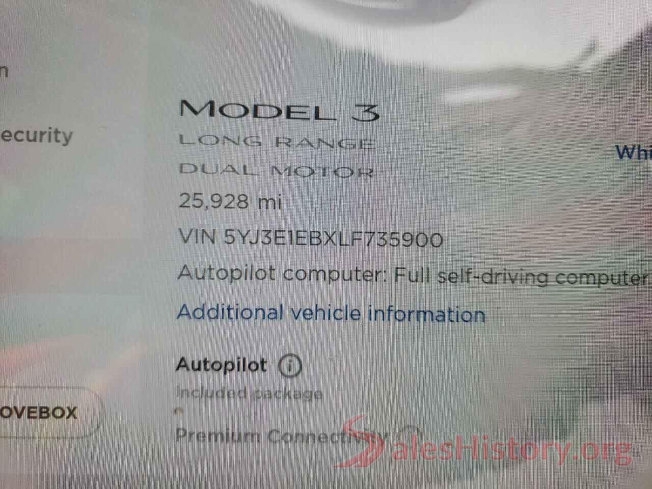 5YJ3E1EBXLF735900 2020 TESLA MODEL 3