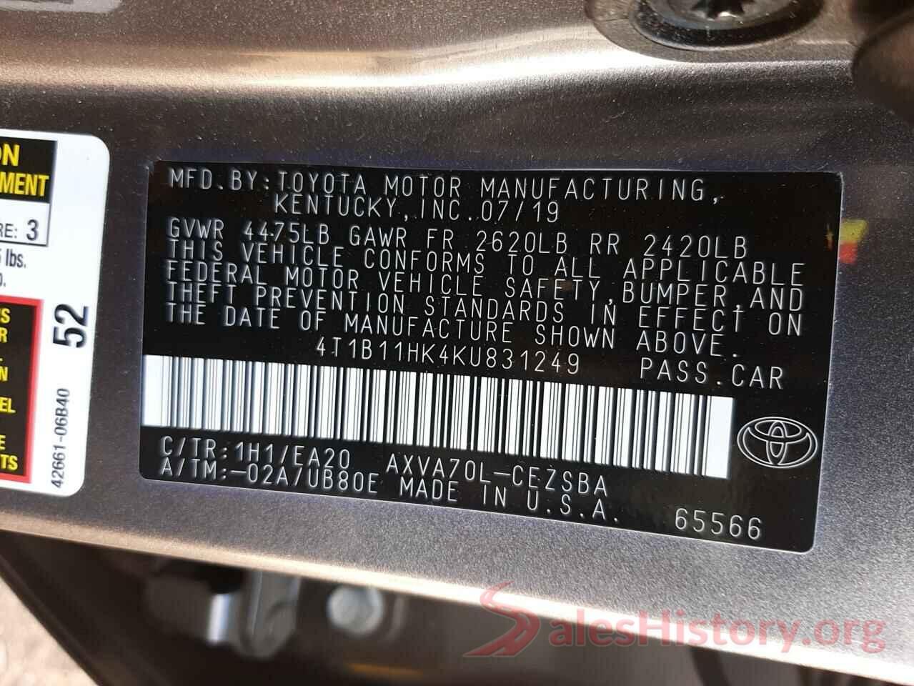 4T1B11HK4KU831249 2019 TOYOTA CAMRY