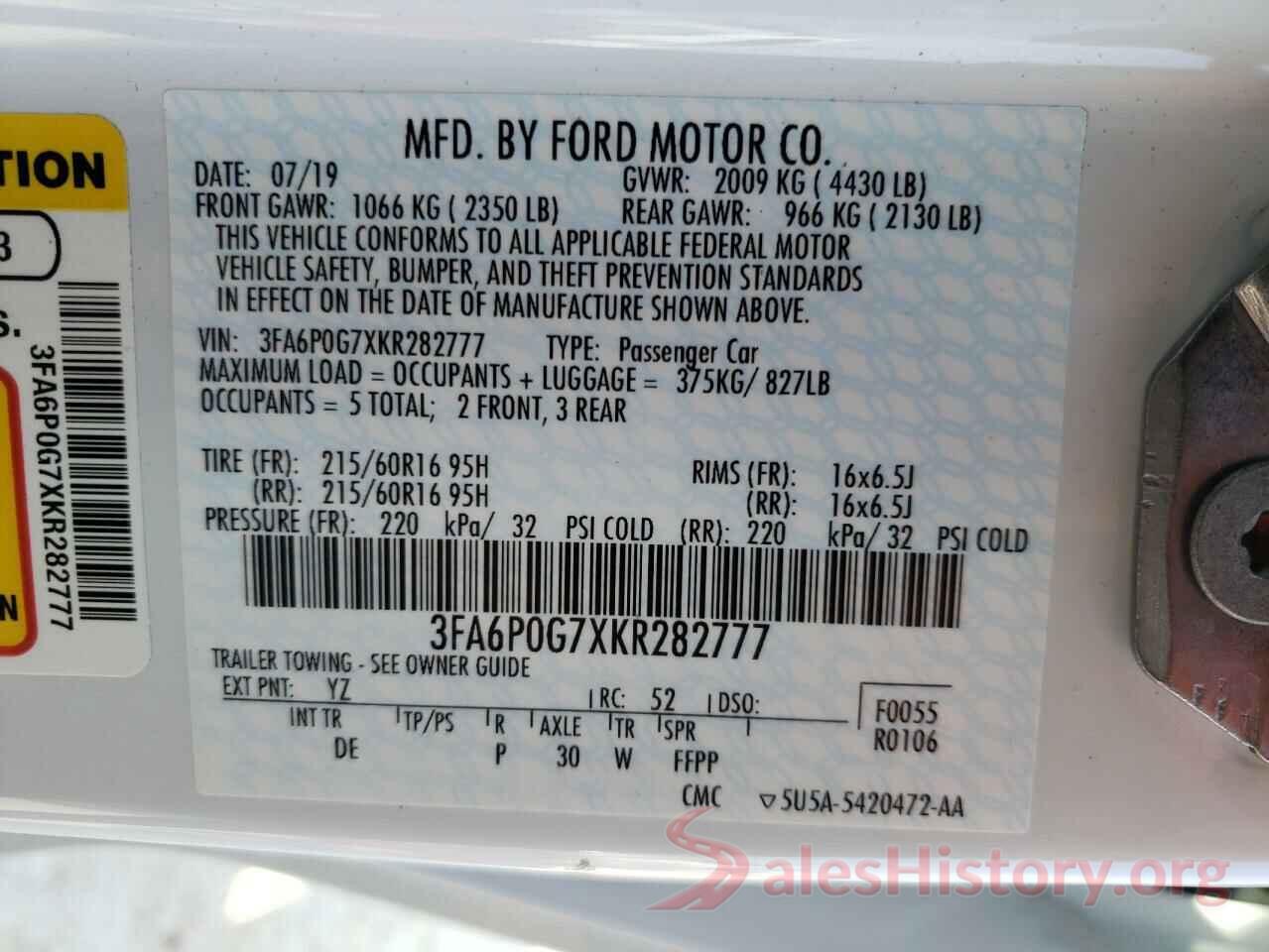 3FA6P0G7XKR282777 2019 FORD FUSION