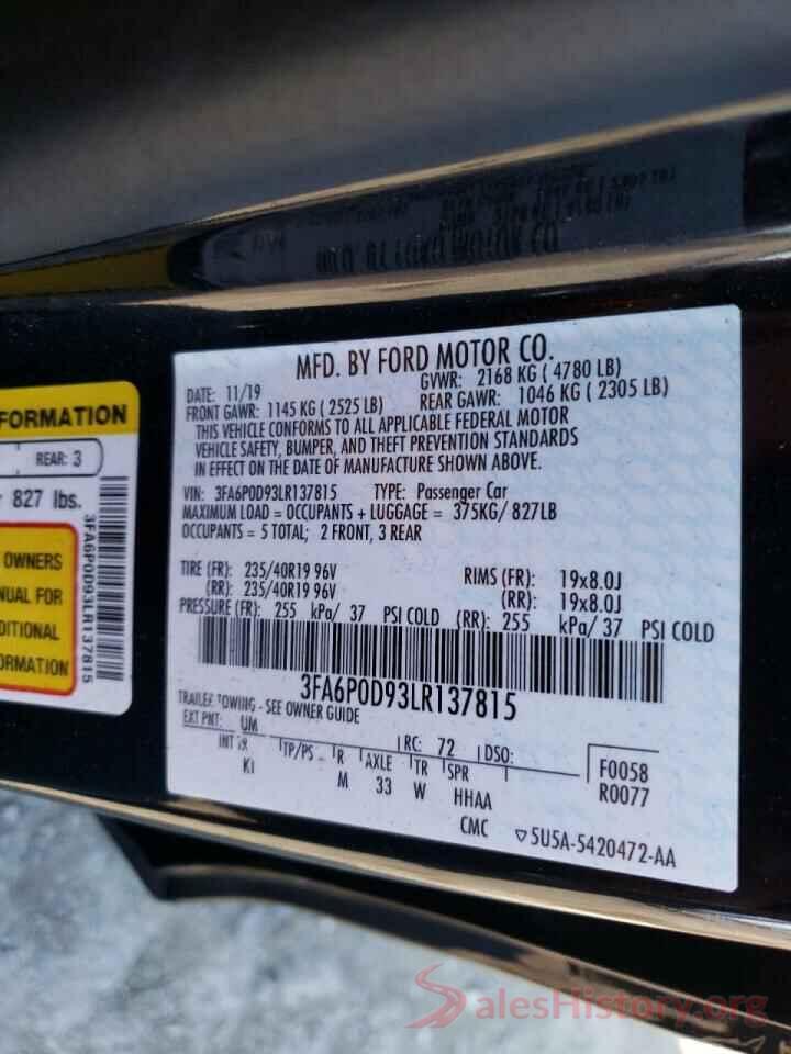 3FA6P0D93LR137815 2020 FORD FUSION