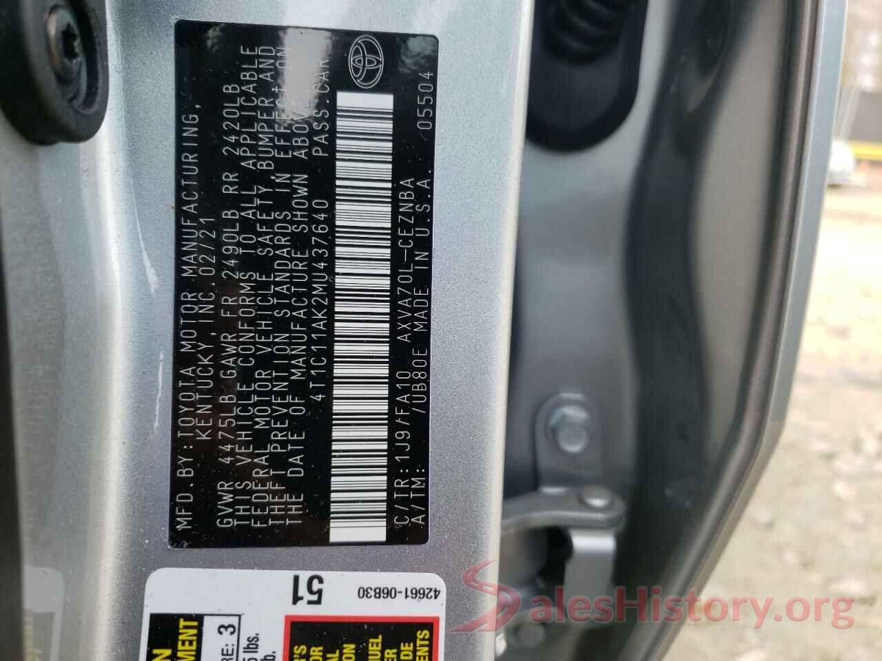 4T1C11AK2MU437640 2021 TOYOTA CAMRY