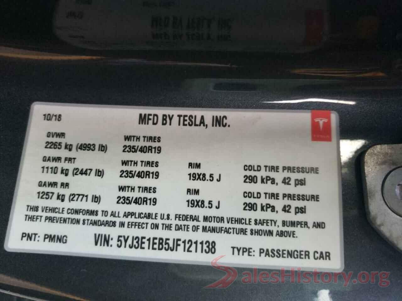 5YJ3E1EB5JF121138 2018 TESLA MODEL 3