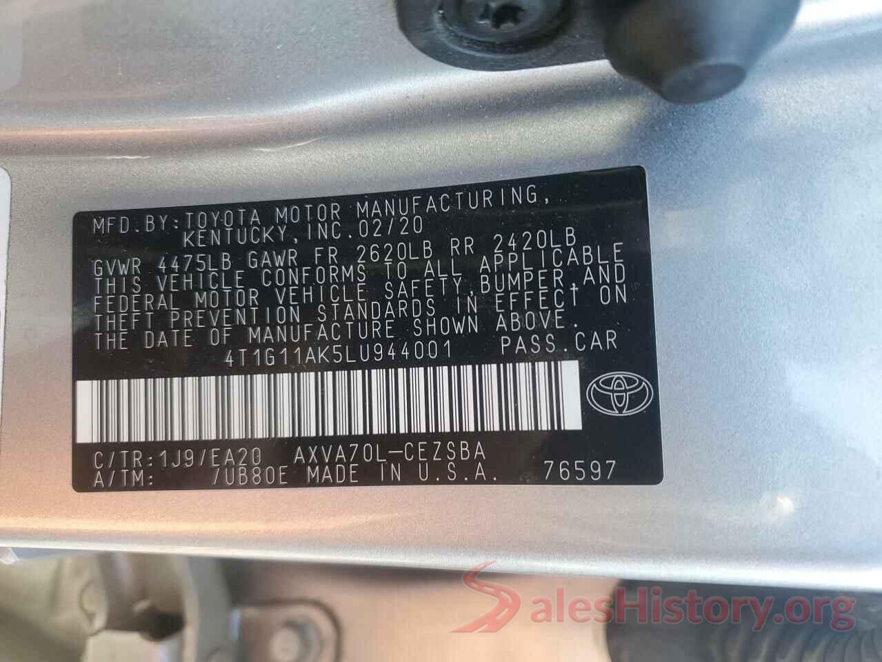 4T1G11AK5LU944001 2020 TOYOTA CAMRY