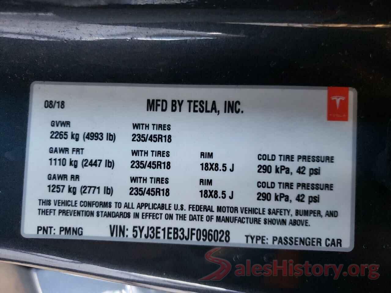 5YJ3E1EB3JF096028 2018 TESLA MODEL 3