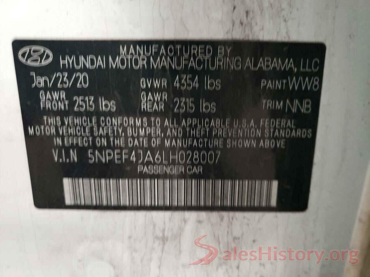 5NPEF4JA6LH028007 2020 HYUNDAI SONATA