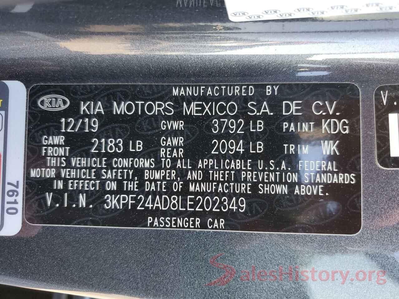 3KPF24AD8LE202349 2020 KIA FORTE